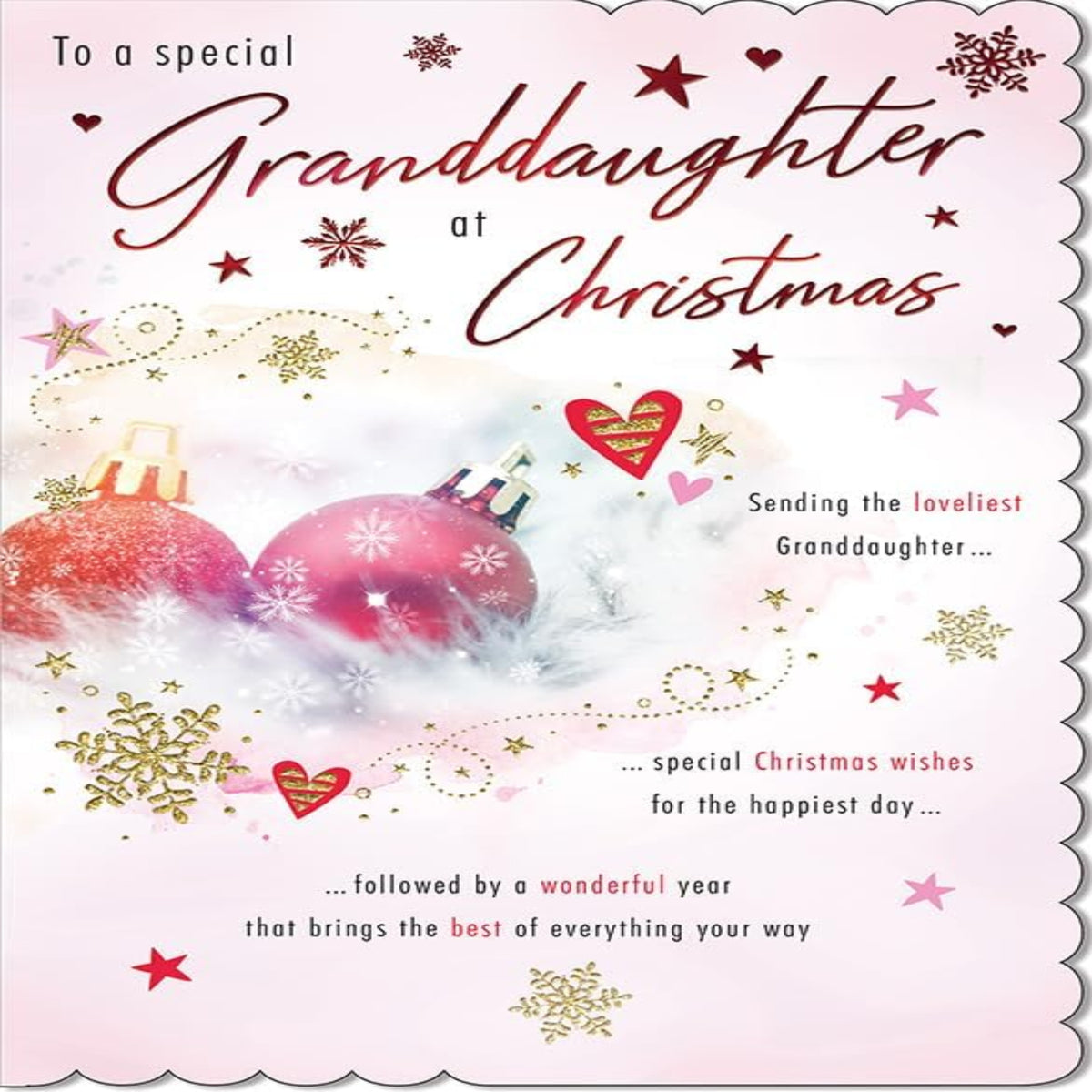 Piccadilly Greetings Christmas Card for a Special Granddaughter – Classic Baubles Design – 9 x 6 inches