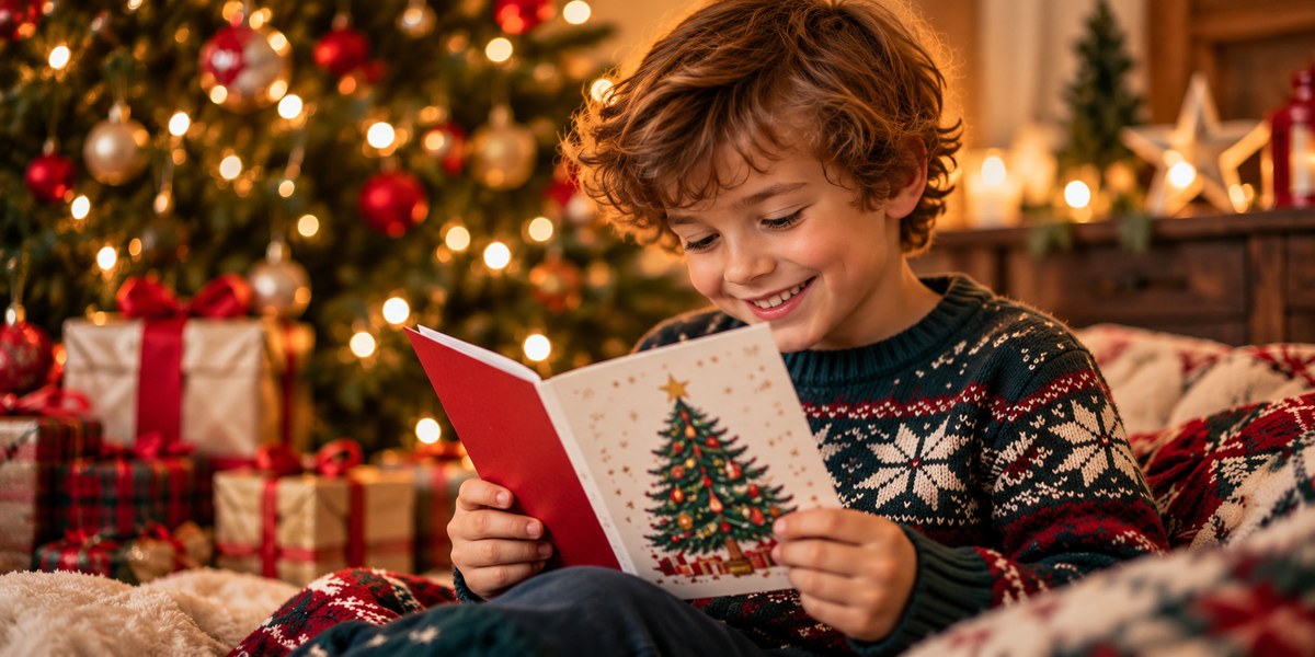 Grandson enjoying a magical Christmas with a festive Christmas card